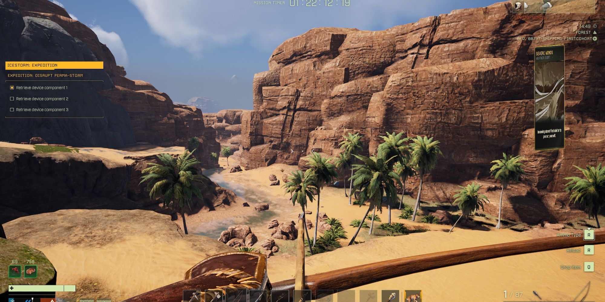 player with bow and arrow looking at desert area