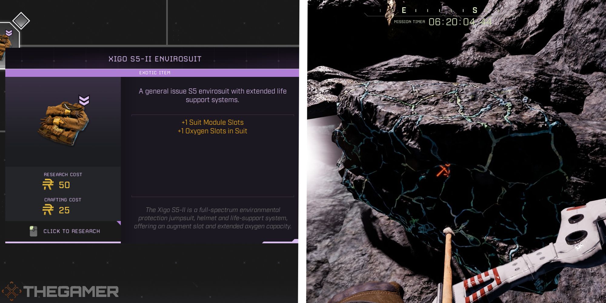 image of envirosuit next to image of exotic material ore