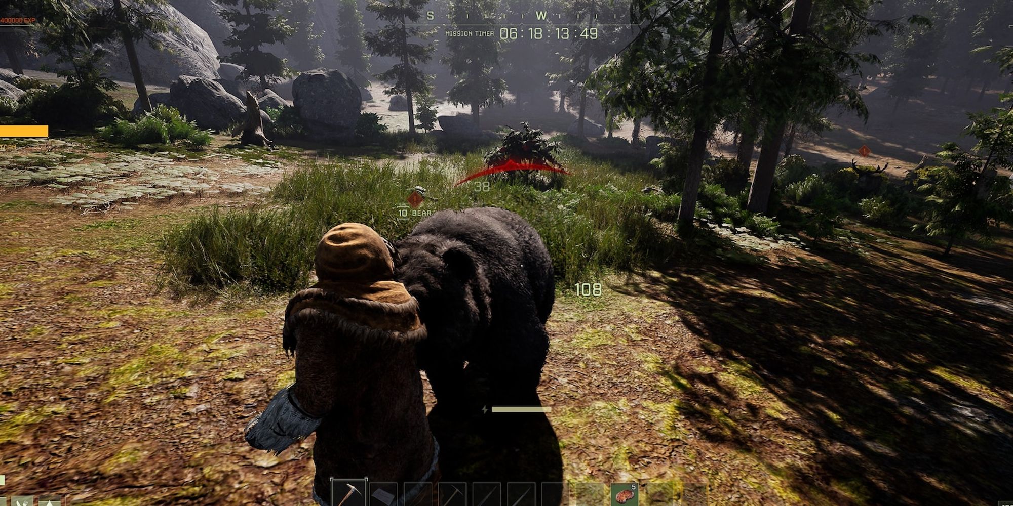 player directly in front of a bear attempting to kill it