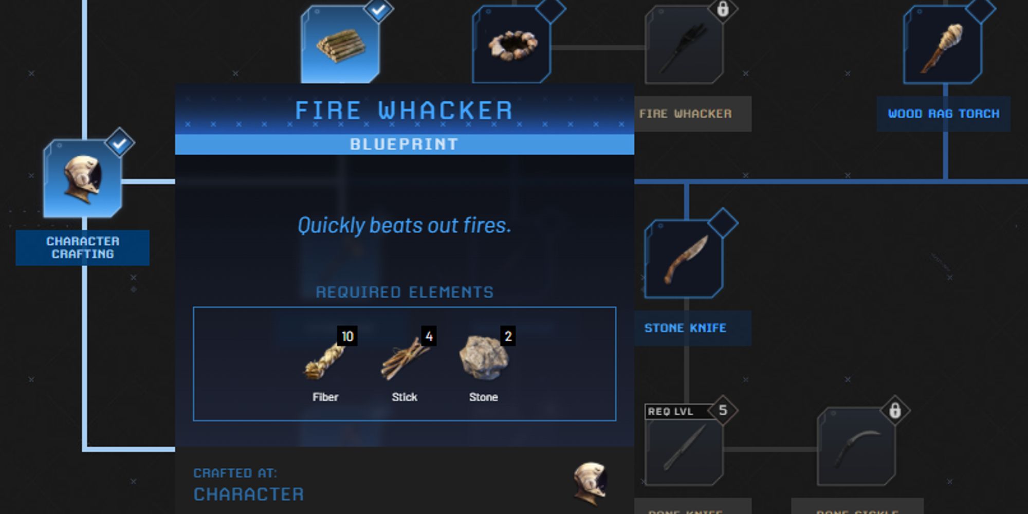 fire whacker on technology tree with necessary materials to craft