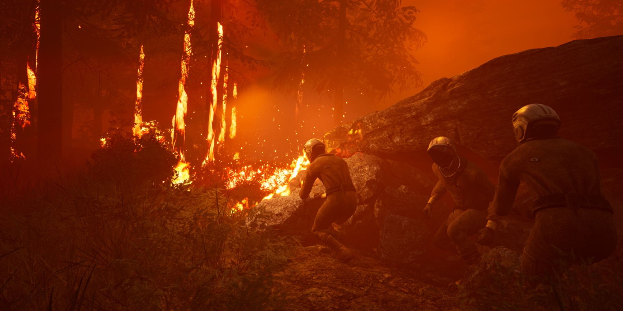 players atttempting to control a large forest fire 
