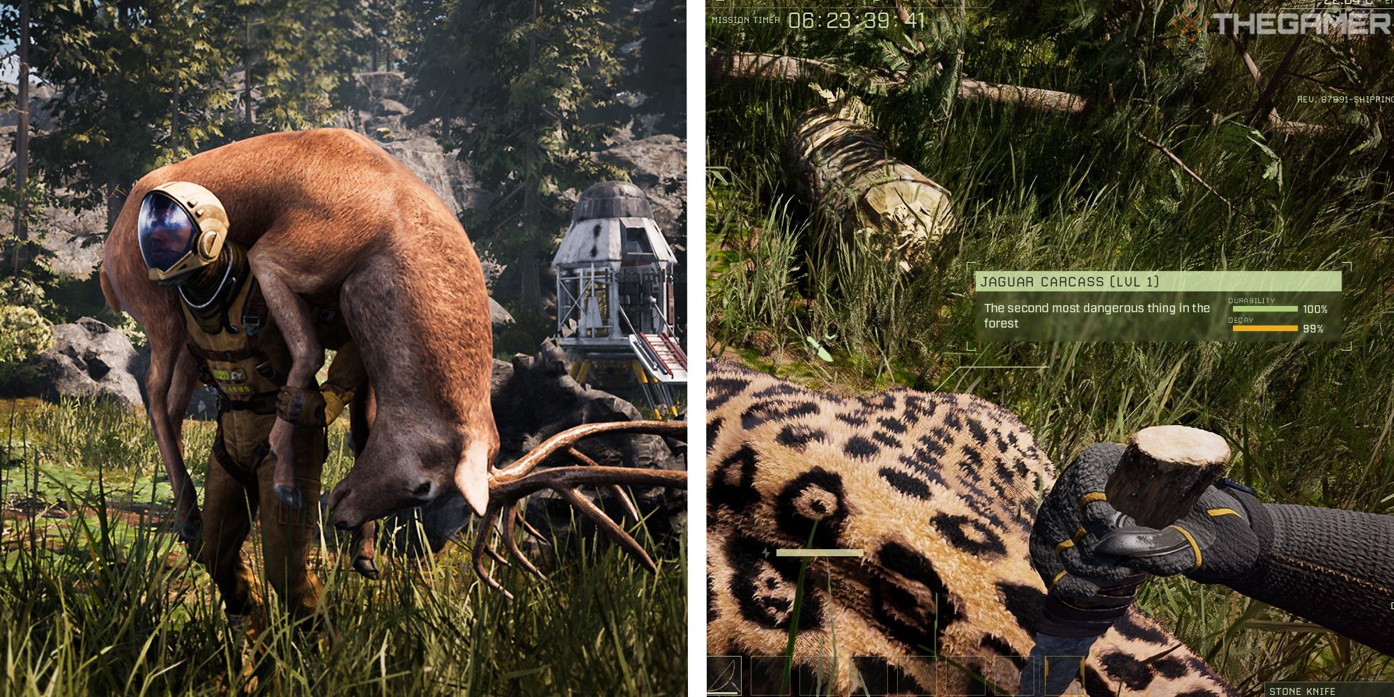 image of player carrying a deer next to image of player skinning a leopard
