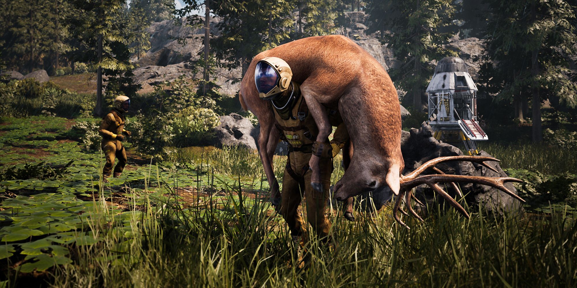 player holding a deer on shoulders