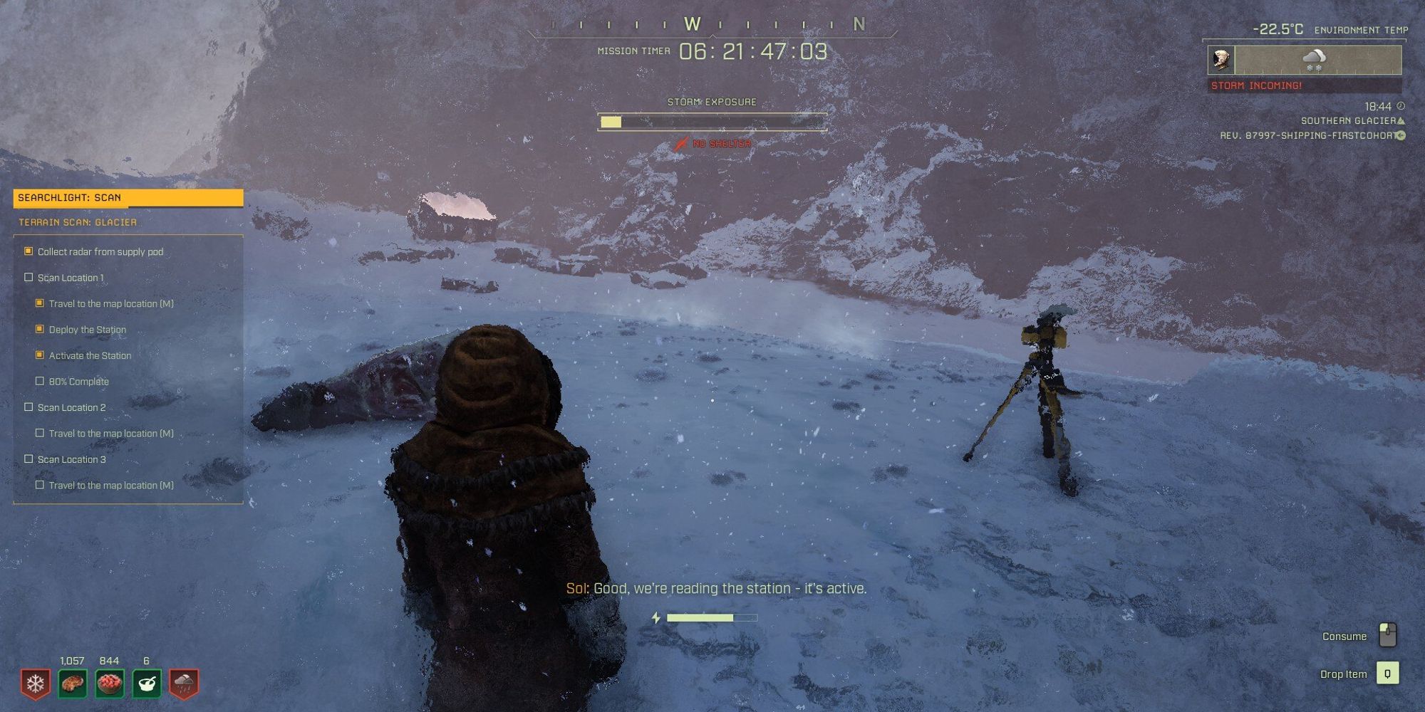 player setting up a radar during a snowstorm