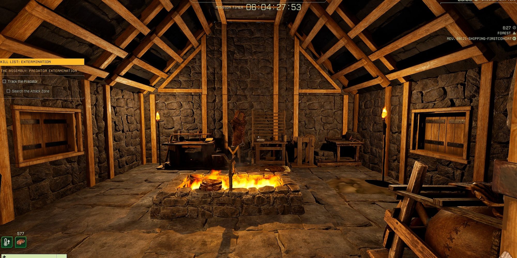 inside of player house with firepit and furniture