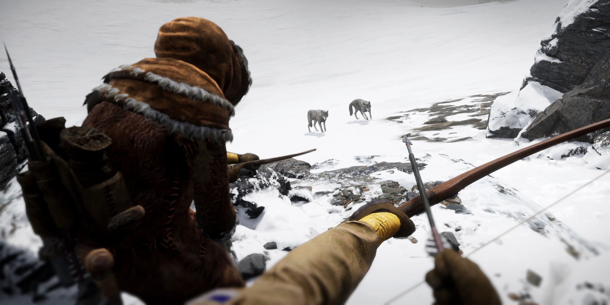 two players hunting for wolves in the snow while holding bows