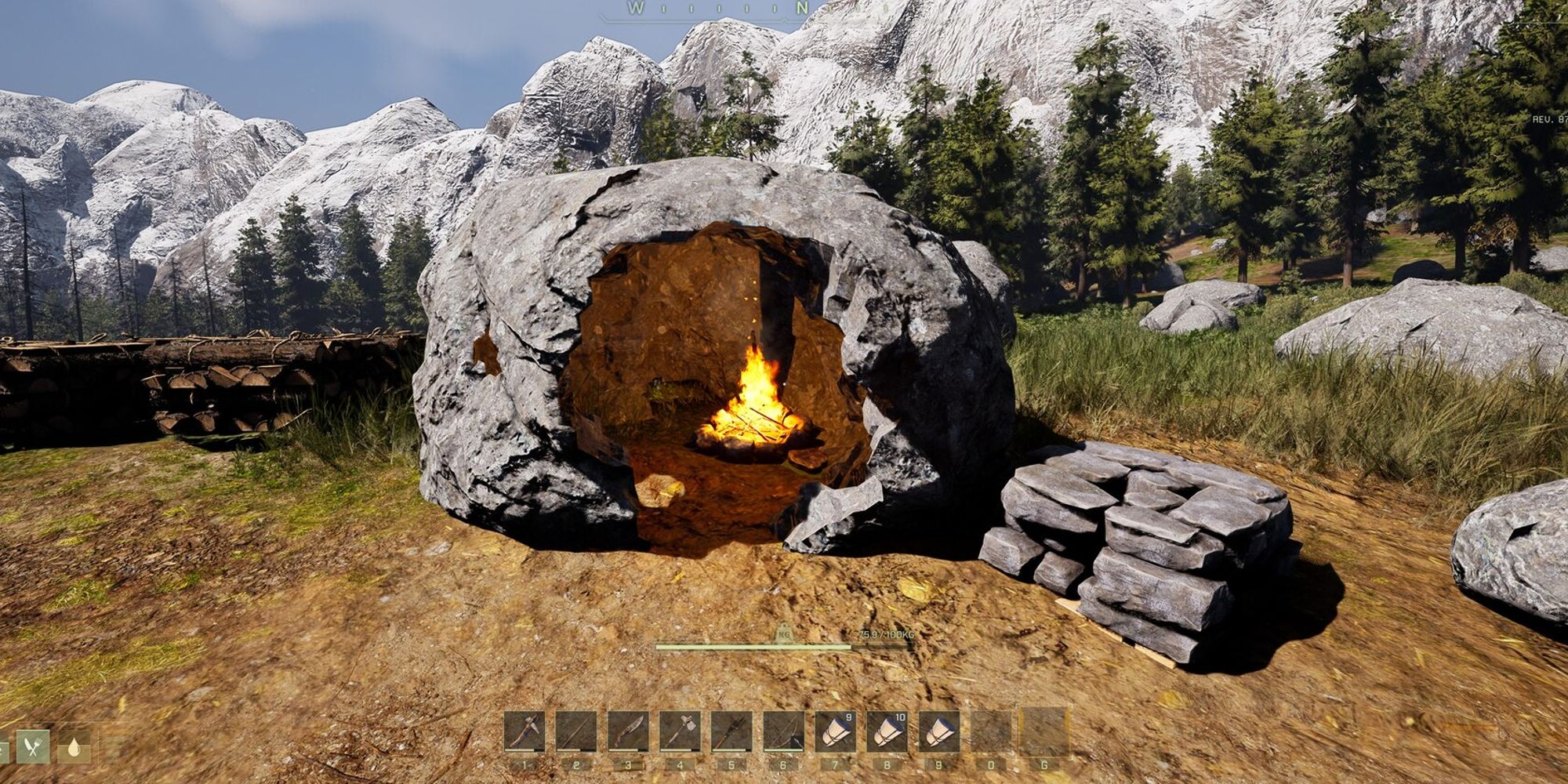 hollowed out rock with campfire inside