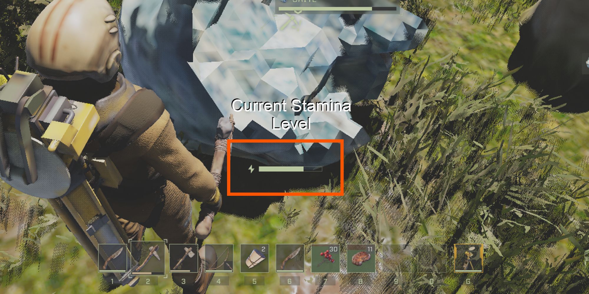 player stamina meter highlighted after mining oxite