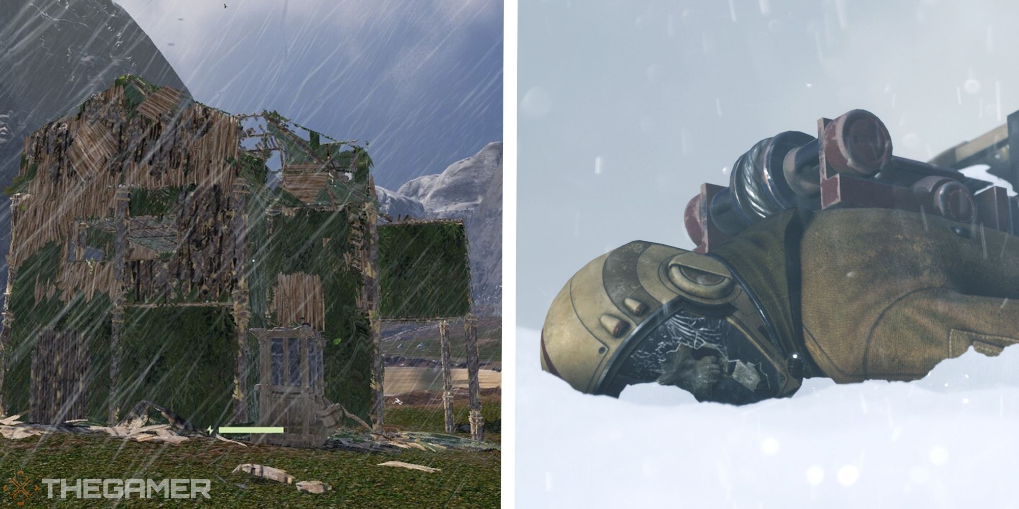 image of rain next to image of dead player in snow