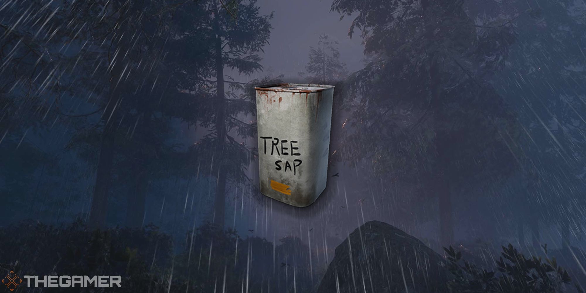 tree sap icon over a forest while its raining