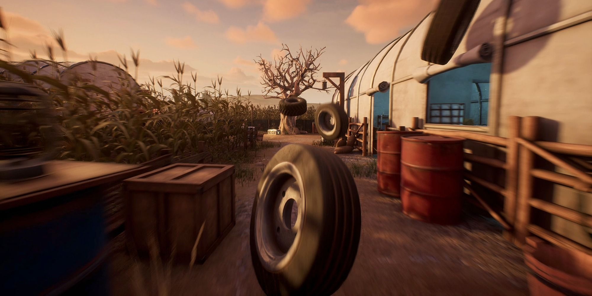Two players disguised as tires bounce through the farm map