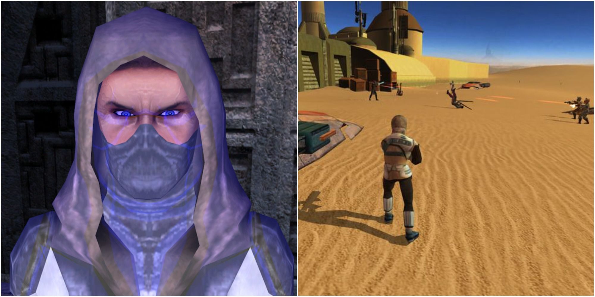 Ajunta Pall's ghost (left) and the Genoharadan in combat on Tatooine (right)