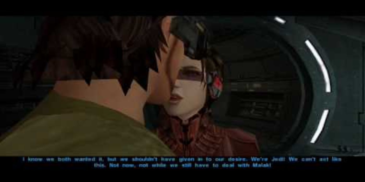 Bastila dismisses the idea of romance, since it goes against the Jedi's teachings in Star Wars: Knights of the Old Republic.