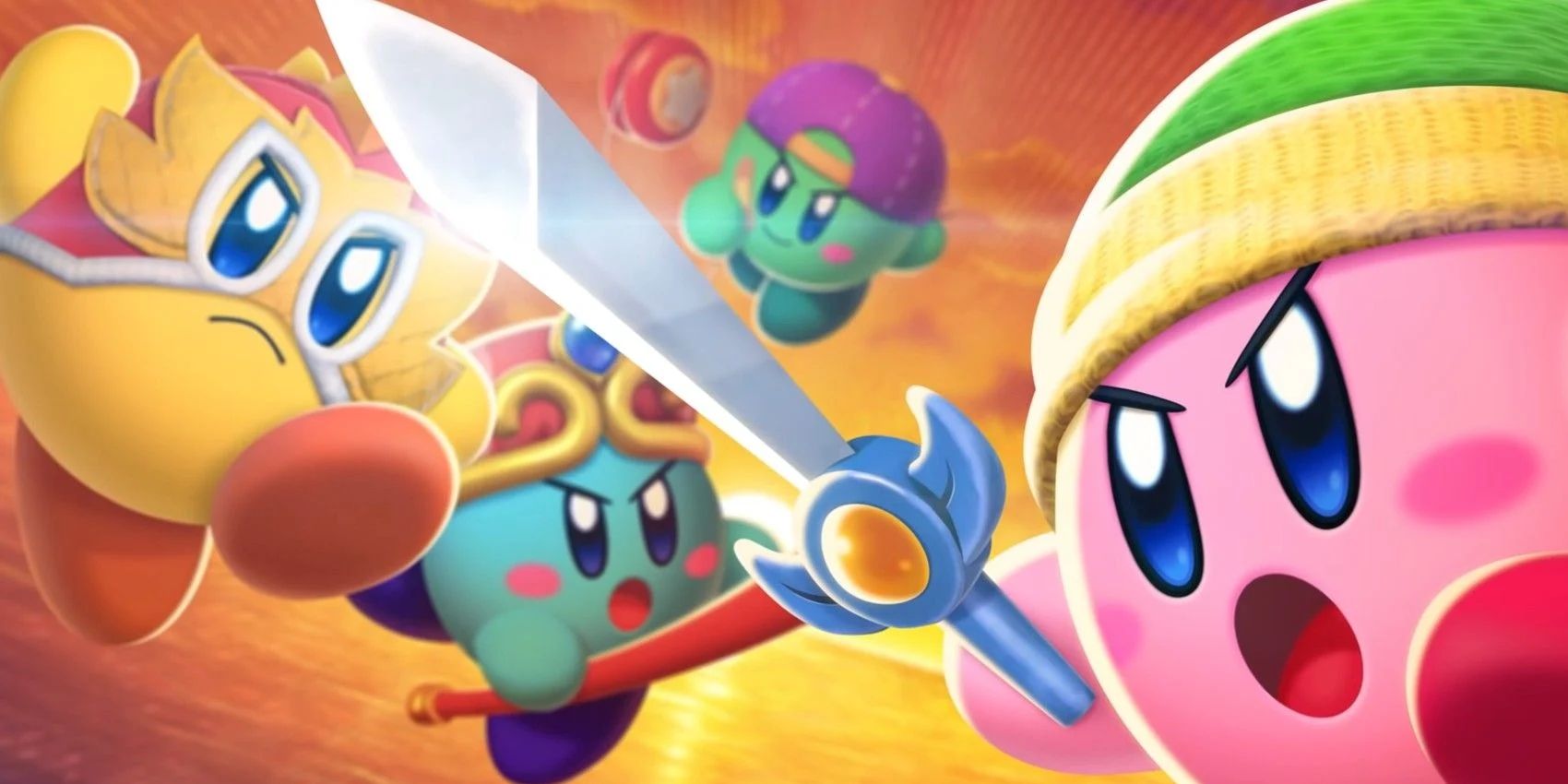 Kirby Fighters 2 showcasing Kirby with a sword alongside the new wrestling power