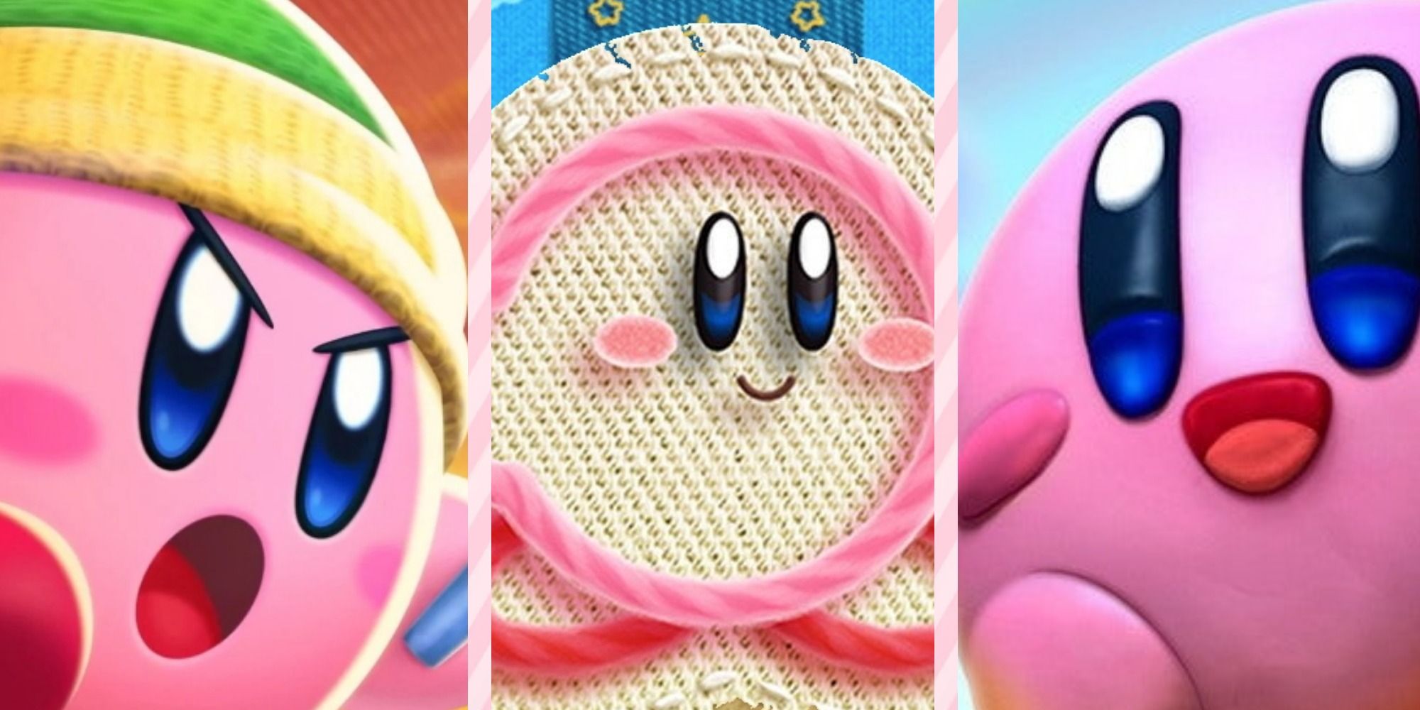 Kirby Spinoff Featured Image with images from Kirby Fighters 2, Kirby's Epic Yarn, and Kirby and the Rainbow Curse