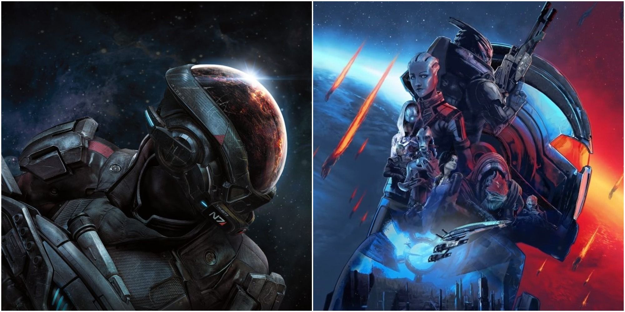 Cover art for Mass Effect Andromeda (left) and Mass Effect: Legendary Edition (right)