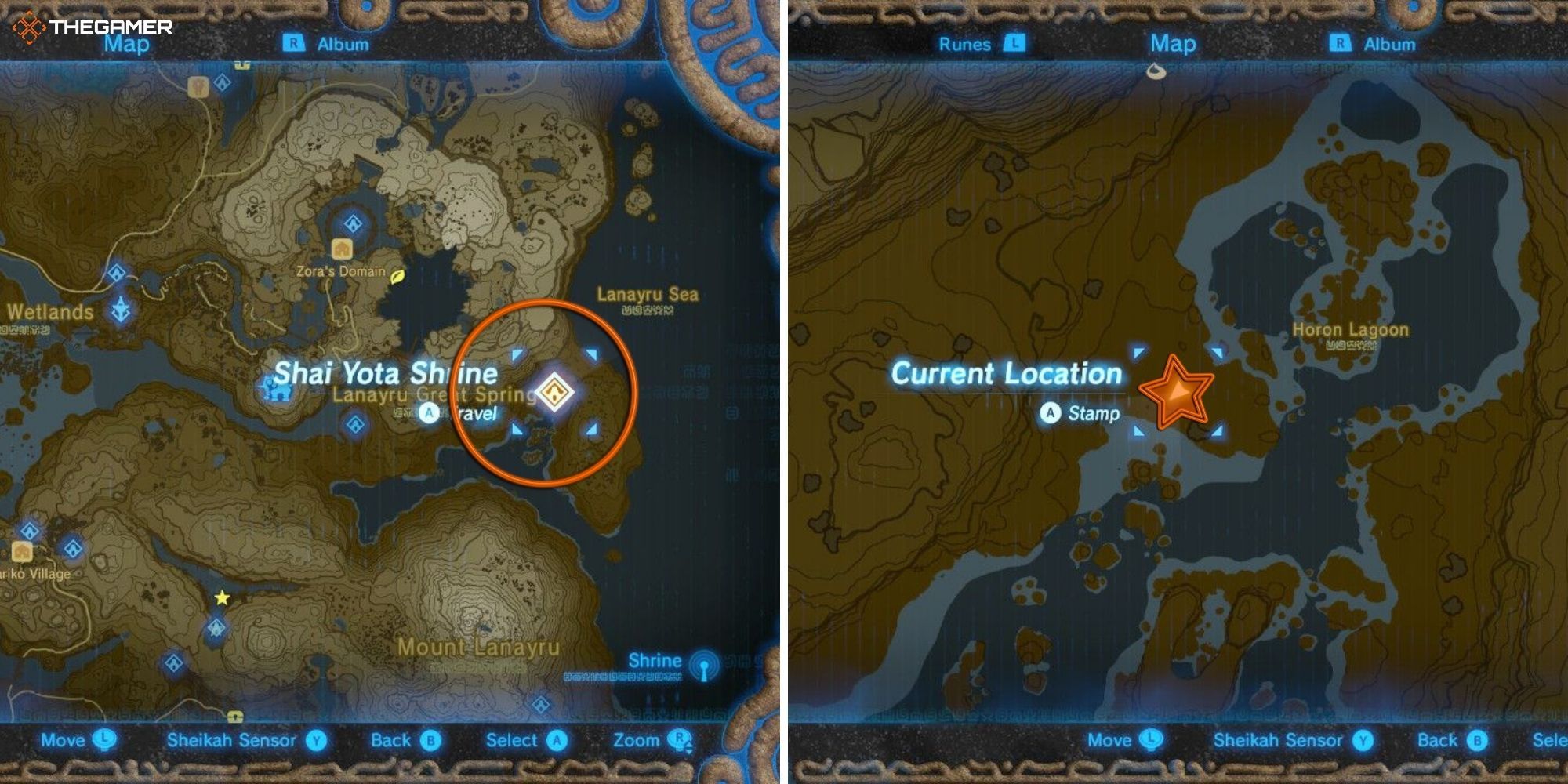 Map of Hyrule on left and right with location of Kas for Master of the Wind Quest marked