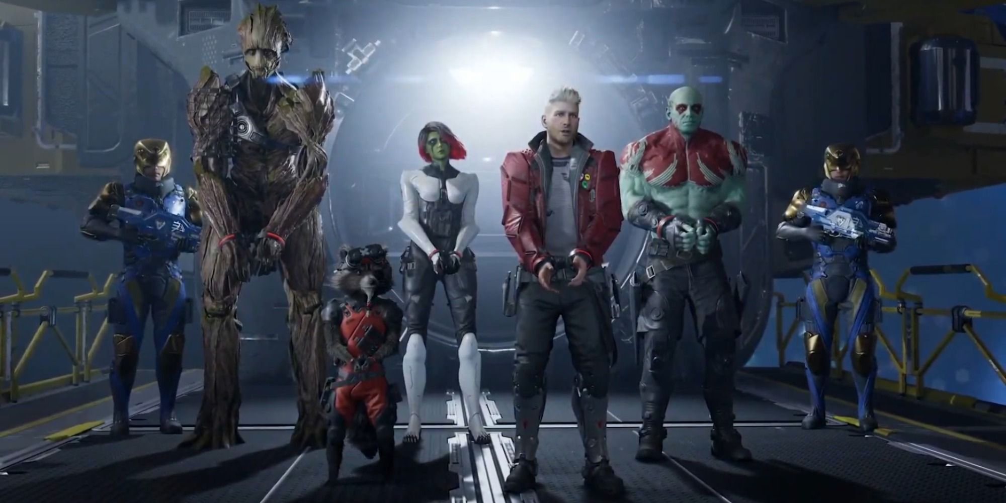 The cast of Marvel's Guardians of the Galaxy in handcuffs