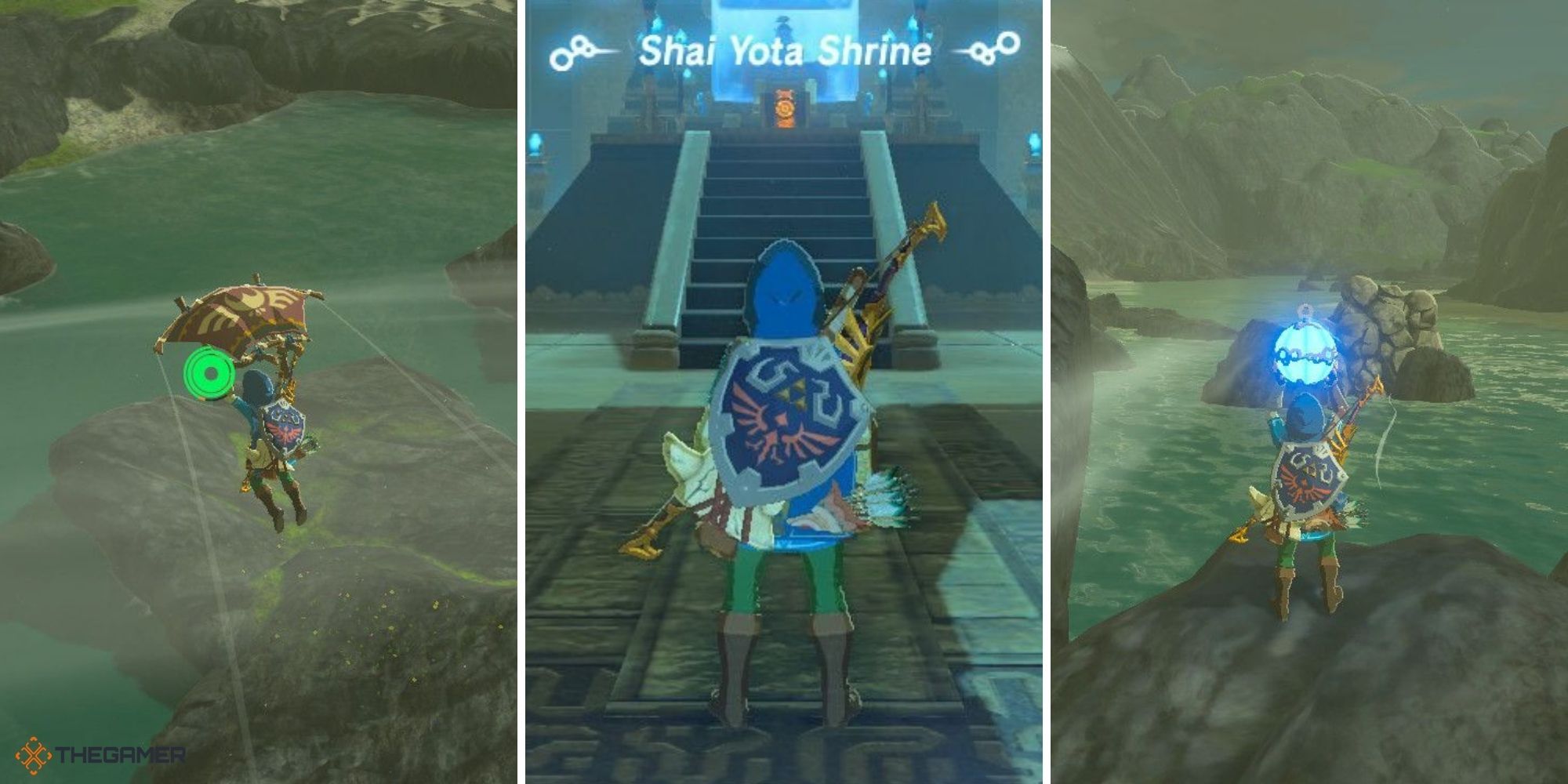 Master of the Wind quest - inside Shai Yota Shrine in centre, Link gliding on left, Link holding a remote bomb on right