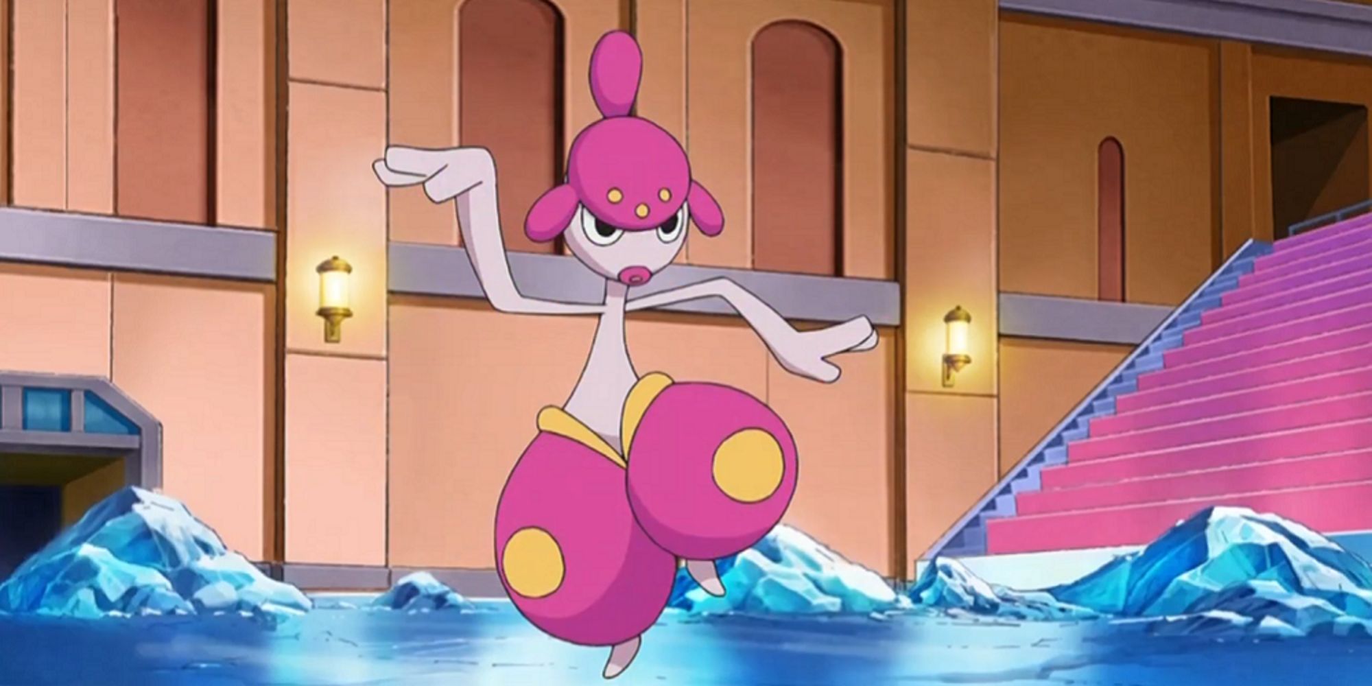 Pokmeon: Medicham stands on one leg, arms outstretched in yoga pose.