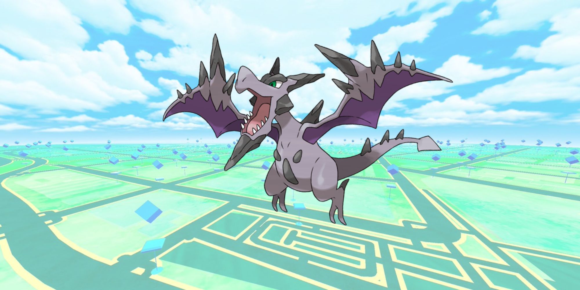 Mega Aerodactyl from Pokemon Go, with the map overlay in the background