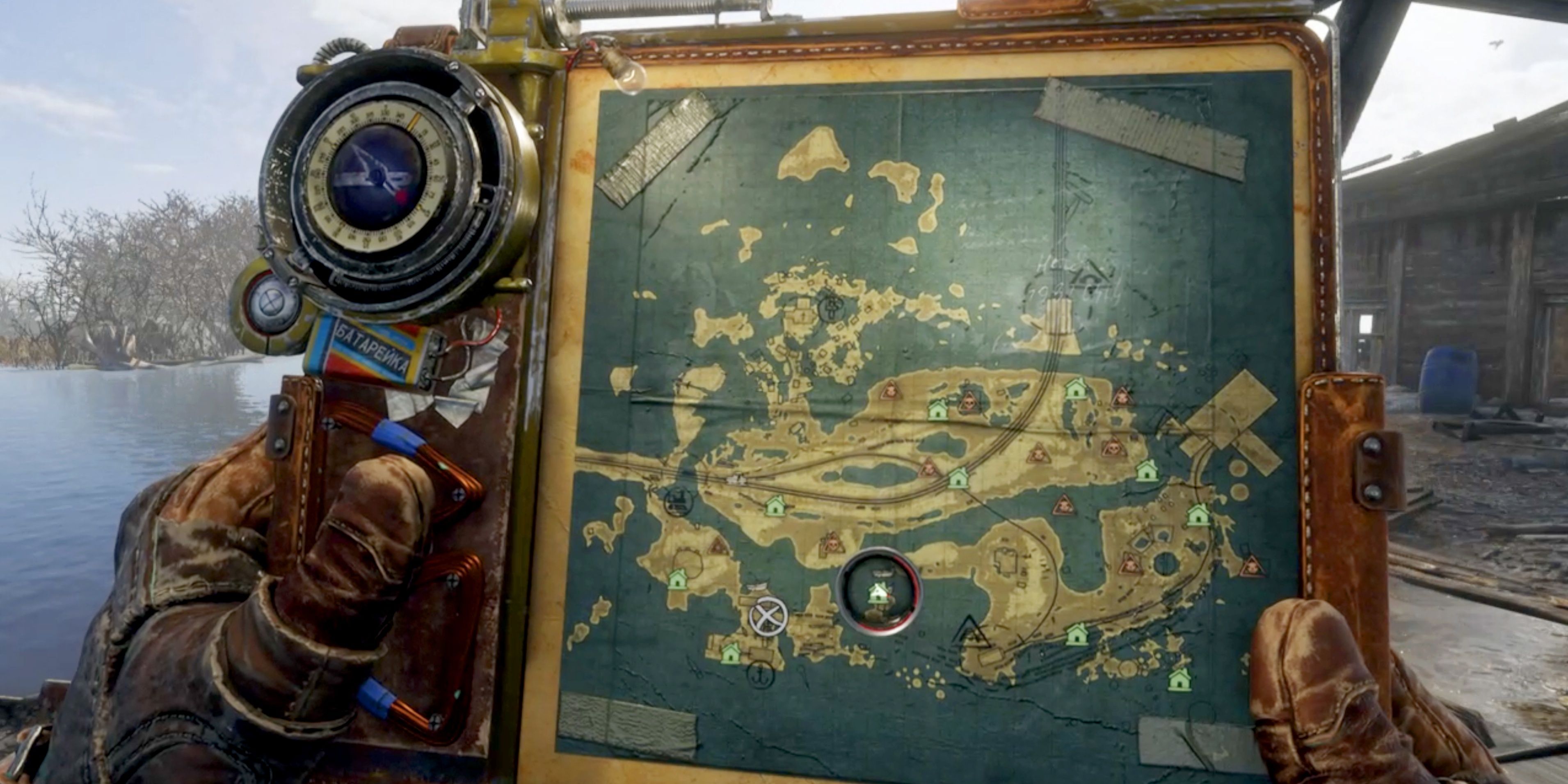 Artyom holding the map of a region with various discovered locations
