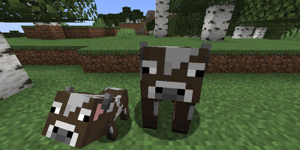 A cow and a calf in Minecraft
