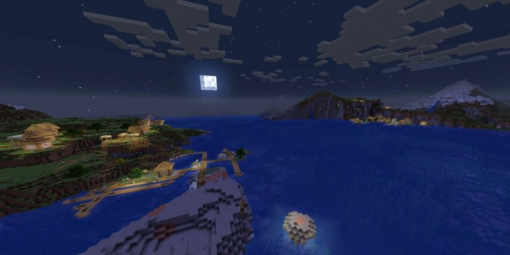 An oceanside village in Minecraft