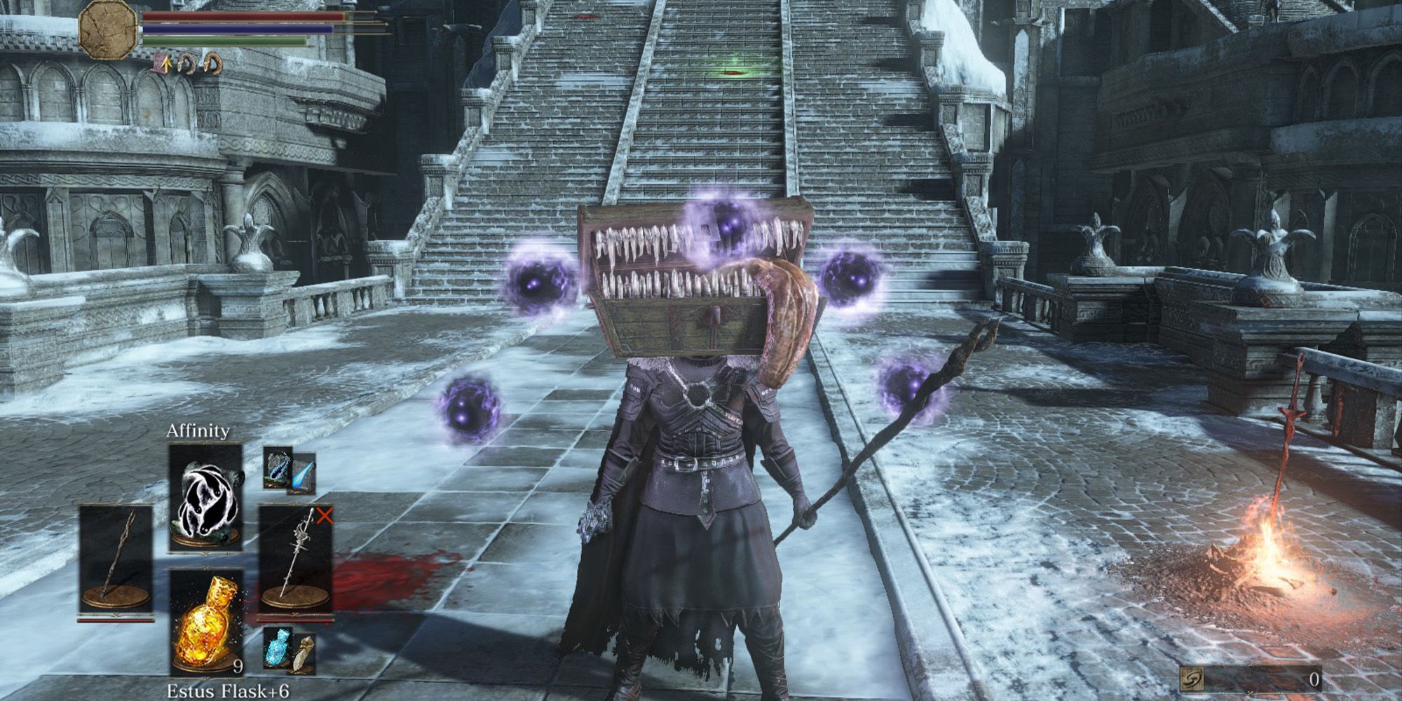 A player with the Symbol of Avarice, casting the Affinity spell while wearing the Drang Armor set in Anor Londo