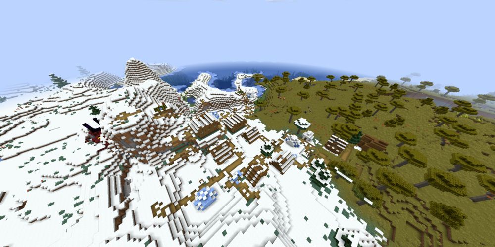 A village on the biome border between snowy taiga and savanna