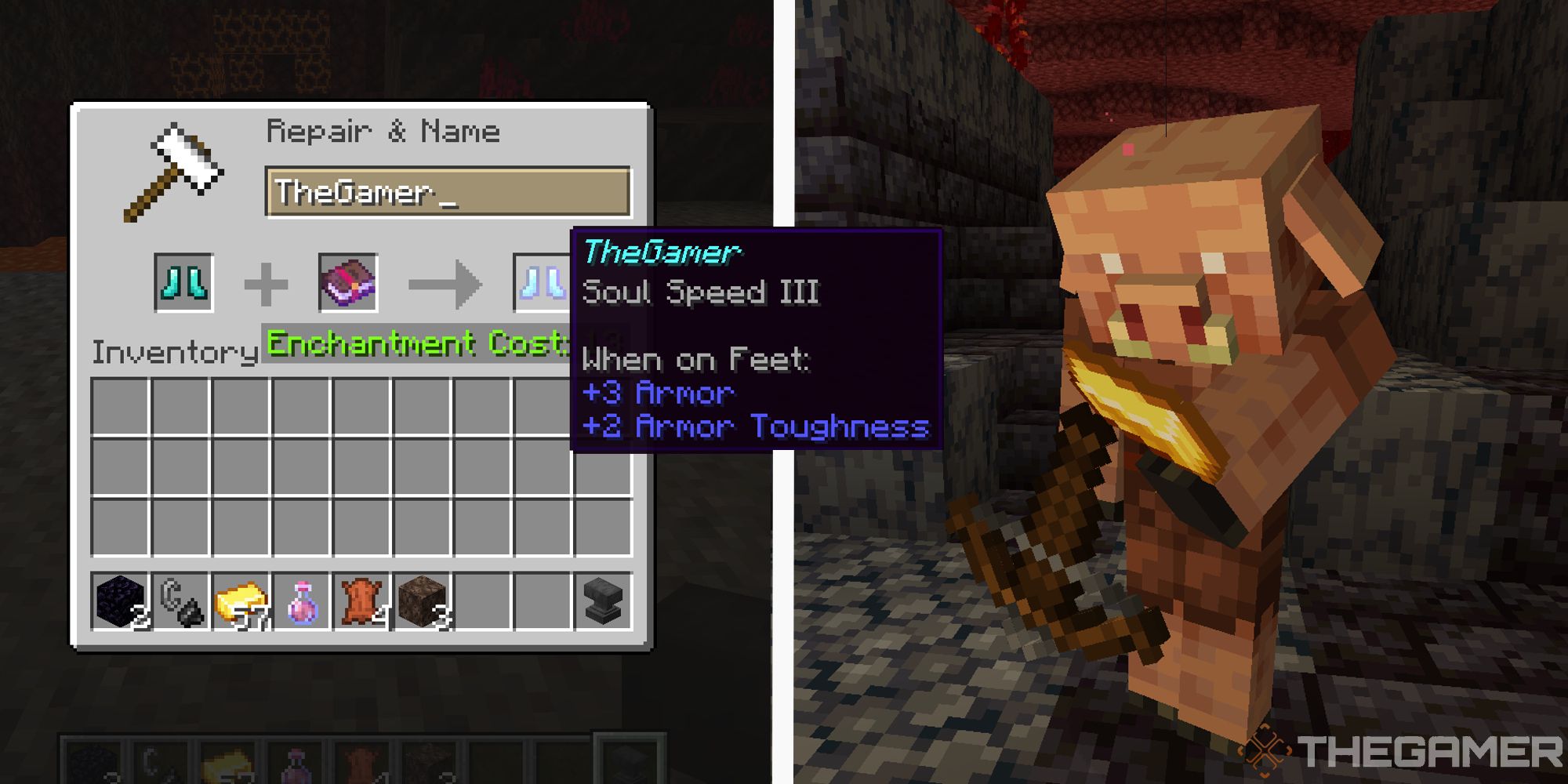 image of anvil screen with soul speed boots next to image of piglin inspecting gold