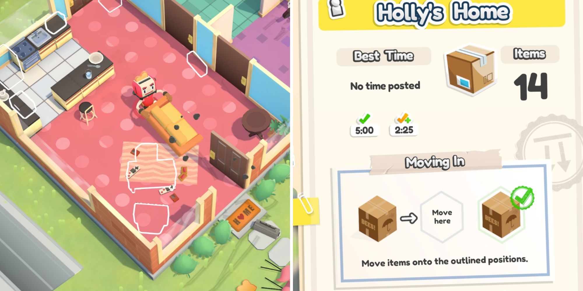 moving out split image. left is character moving sofa, right is info about moving in mode.