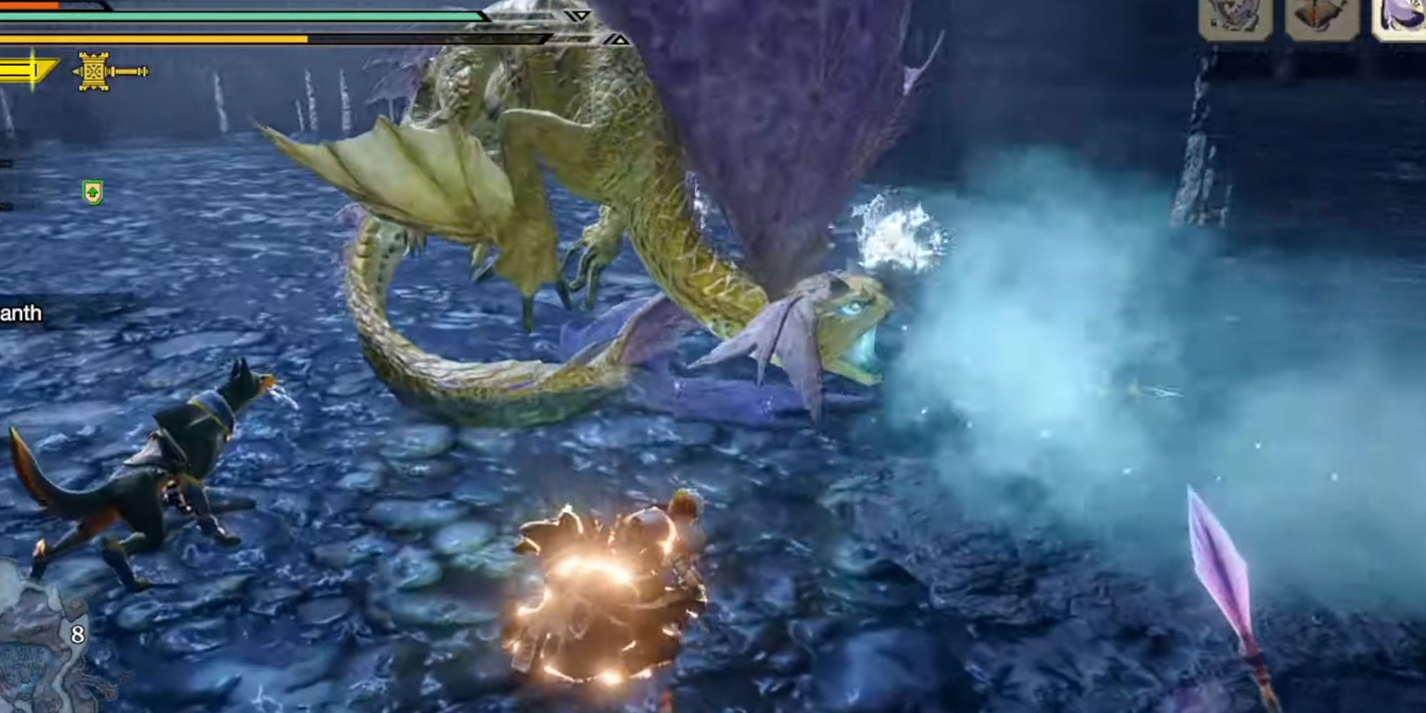 monster hunter rise characters fighting a huge green dragon. dragon breathing out cold air.