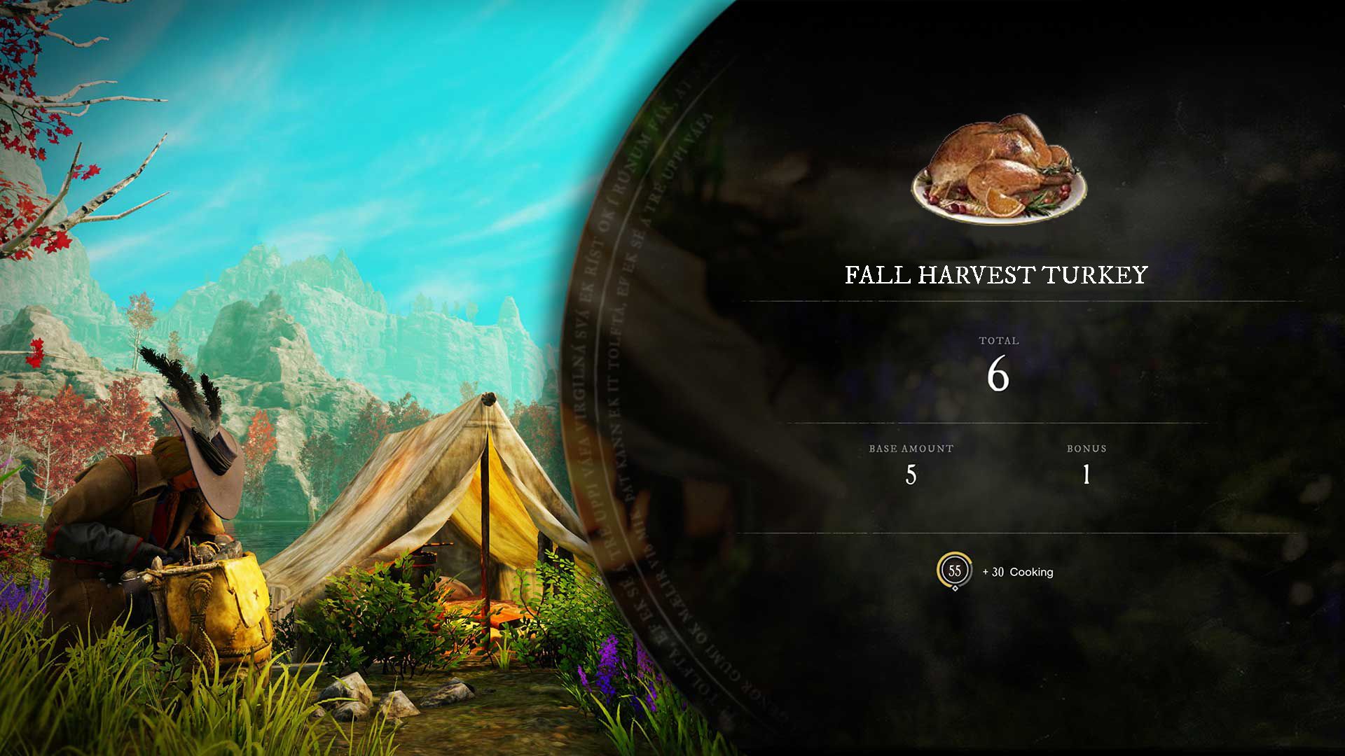 A player cooks a Fall Harvest Turkey recipe at a campsite