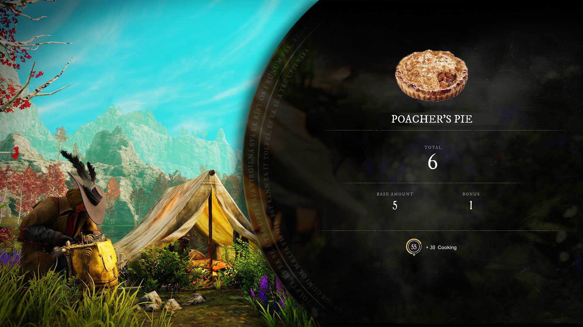 A player cooks a Poacher's Pie recipe at a campsite