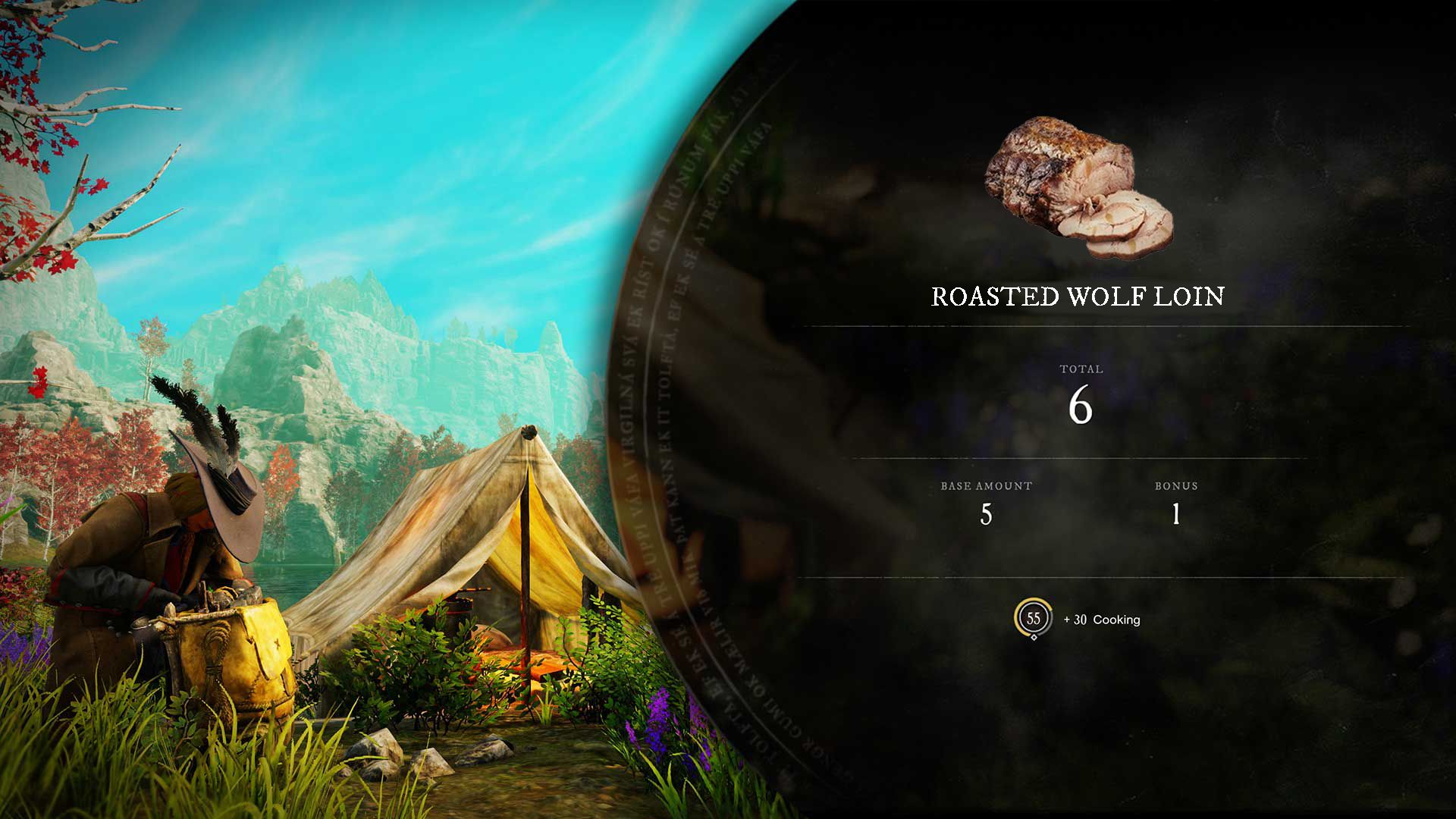 A player crafts a Roasted Wolf Loin recipe at a campsite