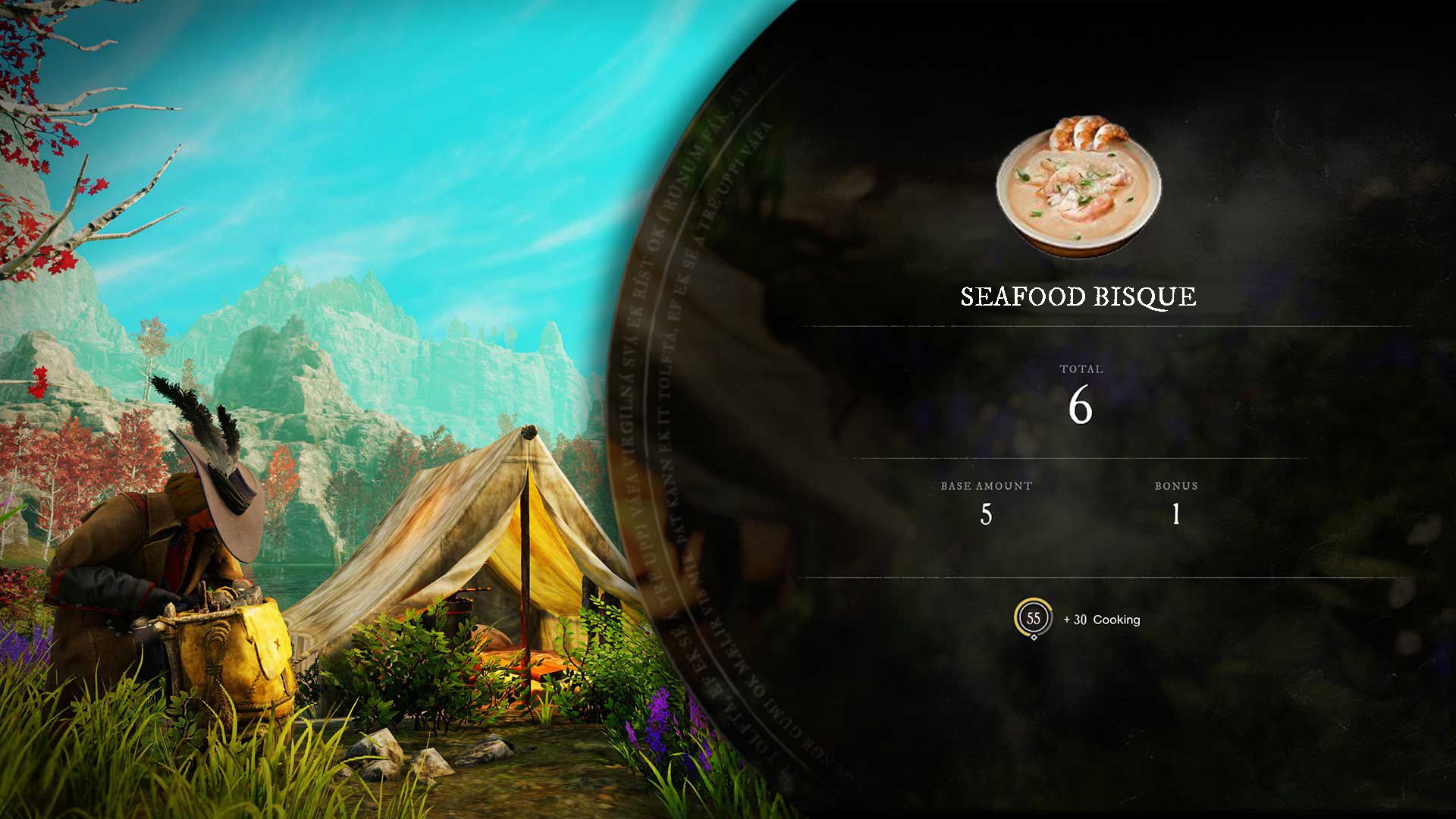 A player cooks a Seafood Bisque recipe at a campsite