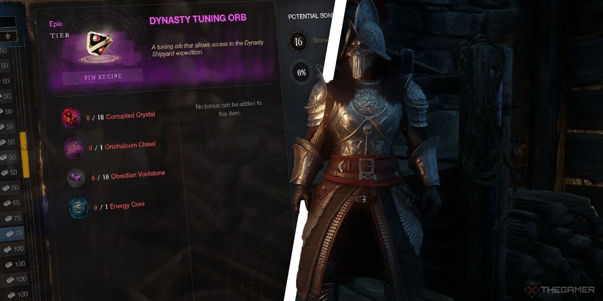 A split image of an armored player standing to the right of the crafting menu of Dynasty Tuning Orb