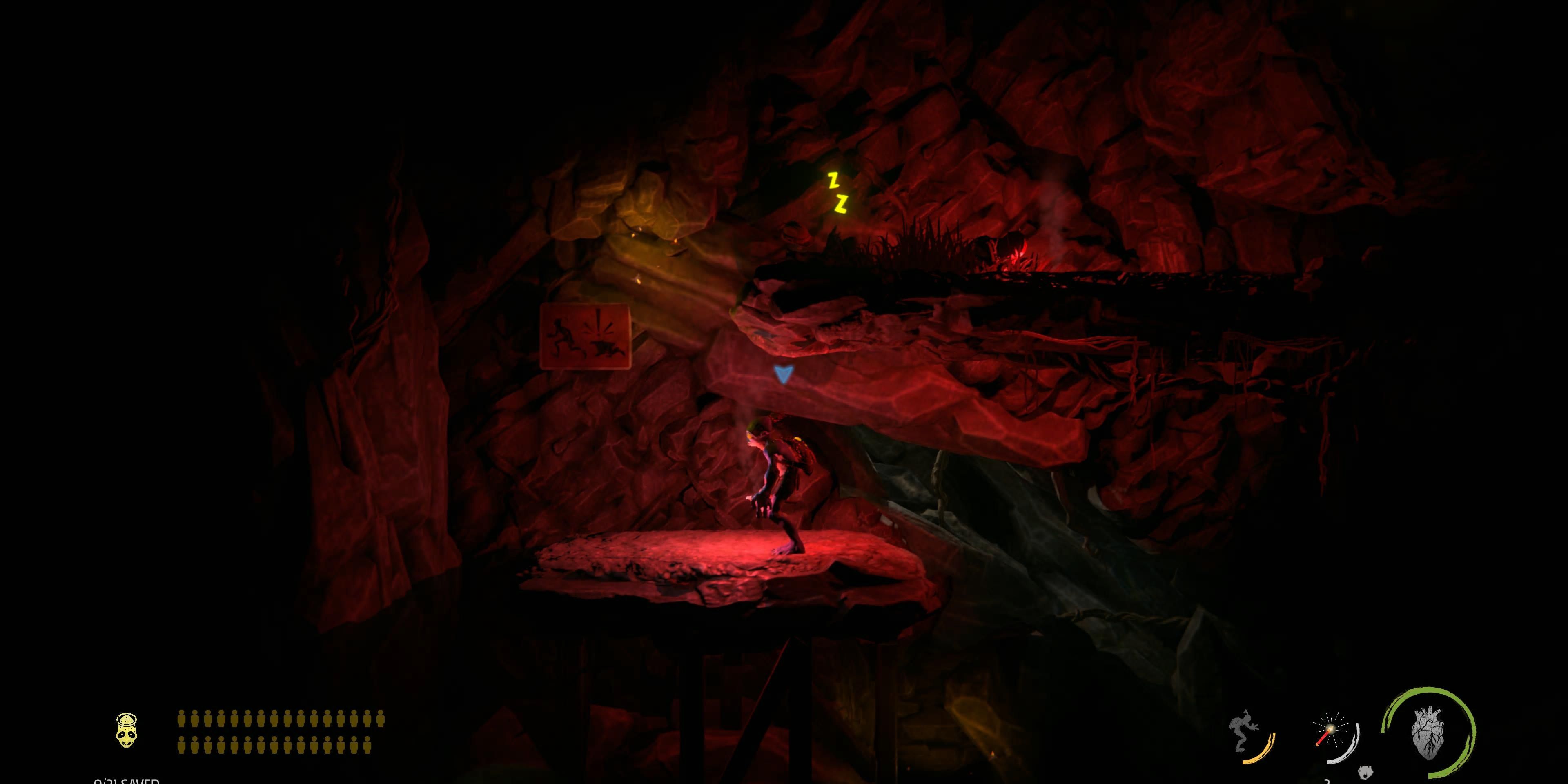 Abe sneaking around a cave in Oddworld Soulstorm