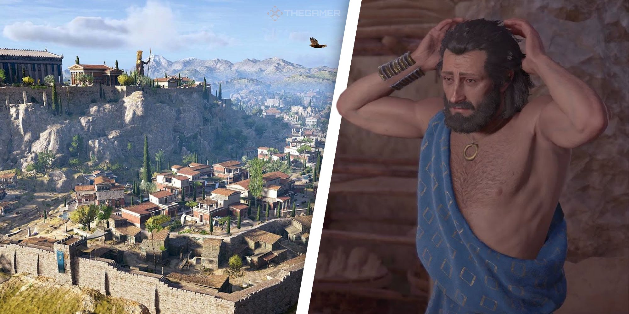 A collage showing Phidias on the right, grabbing his head, and a city on the left.