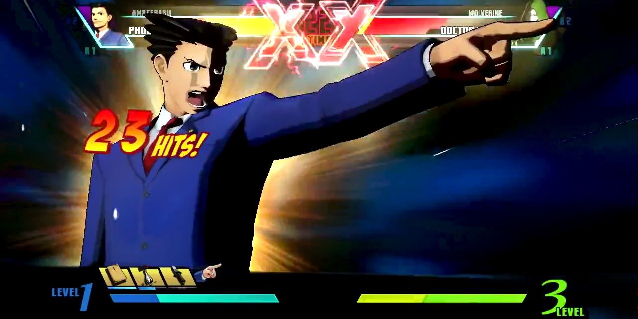 Phoenix Wright, from Marvel Vs. Capcom 3, accusing someone of a crime