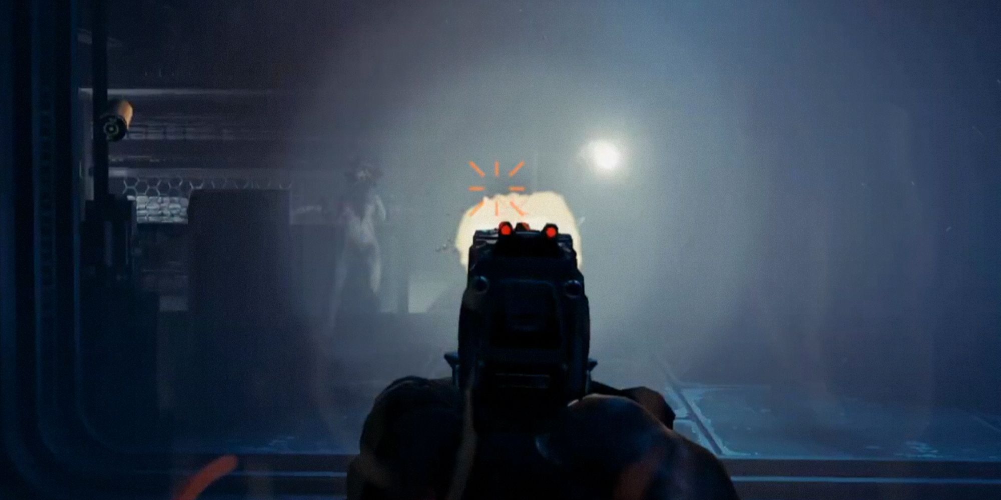 GTFO pistol sights aiming at an enemy, about to shoot at them. blue and grey lighting.