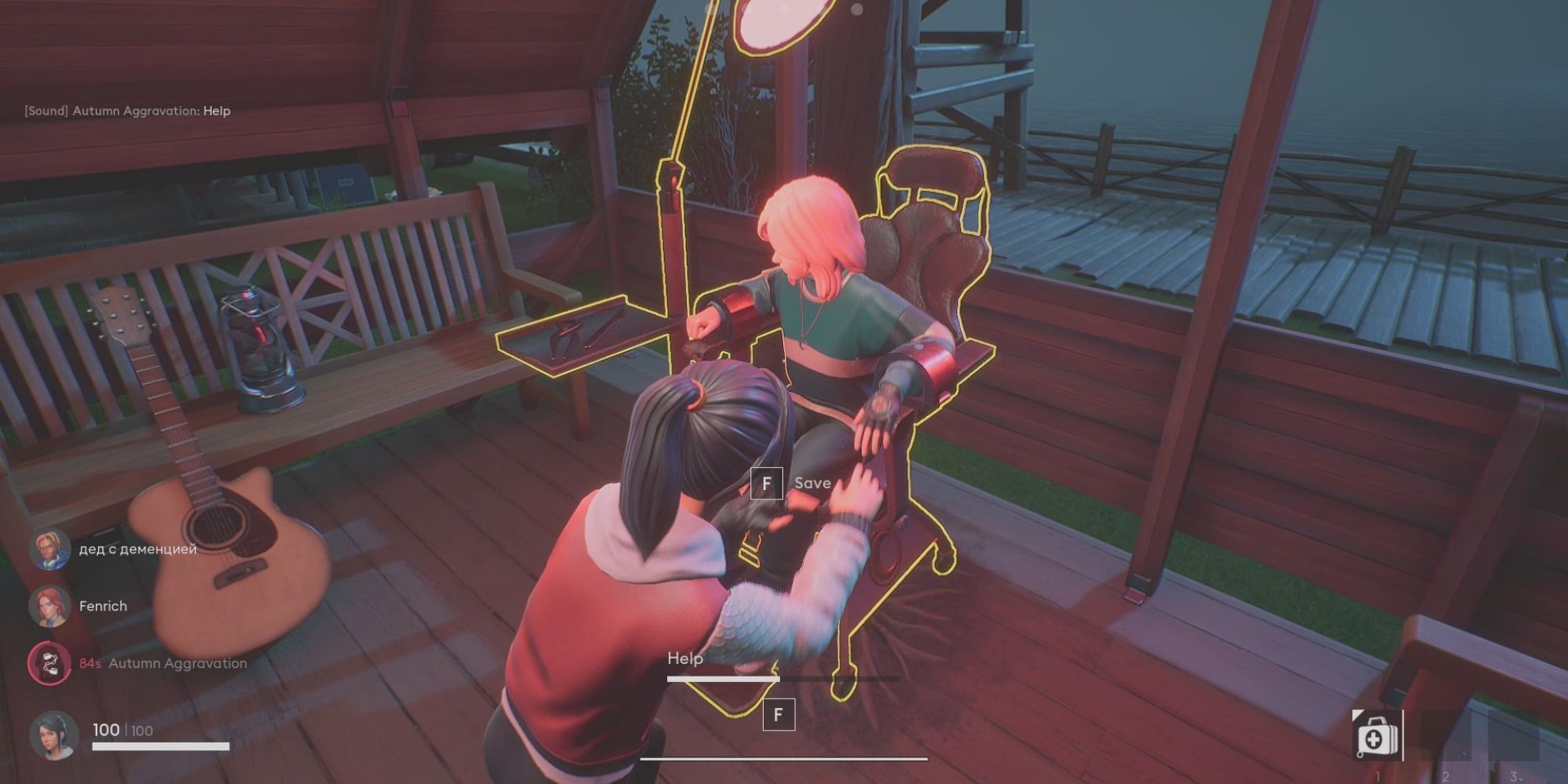 Taiga frees Mable from a Hypnochair inside a pavilion on the Camp map