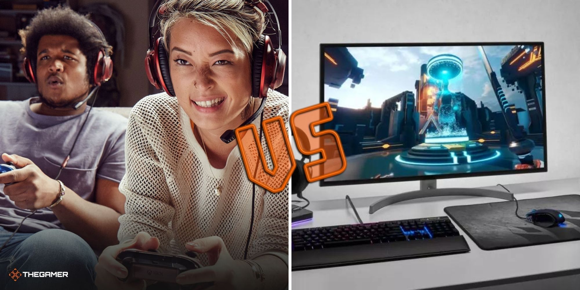 Players holding controllers on left, PC setup on right, VS in the centre