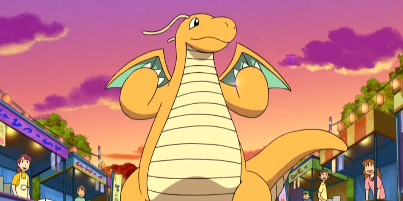Pokemon: Dragonite smiling in a city from the Pokemon anime.
