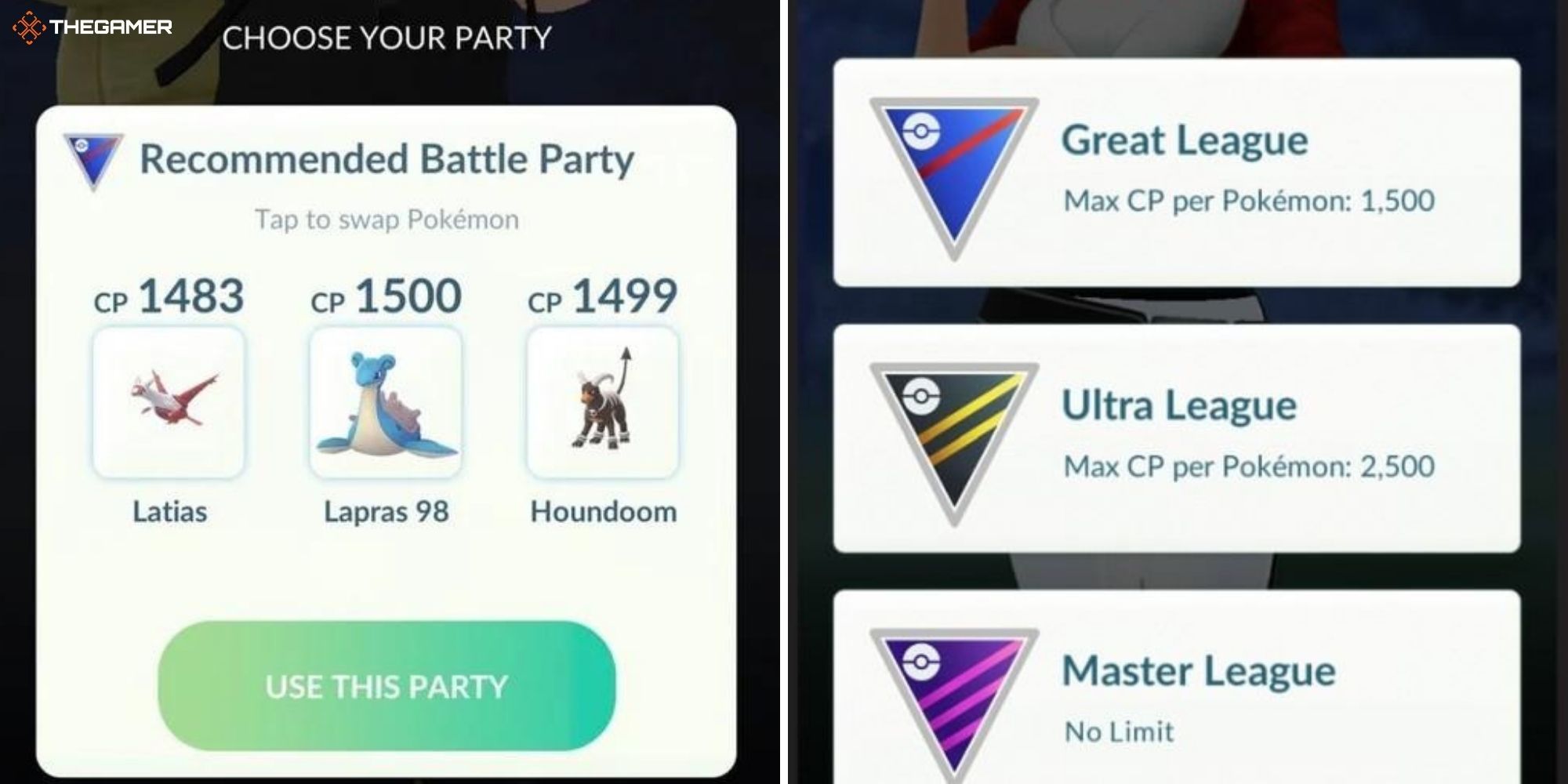Pokemon GO Recommended Battle Party on left, Player battle leagues on right