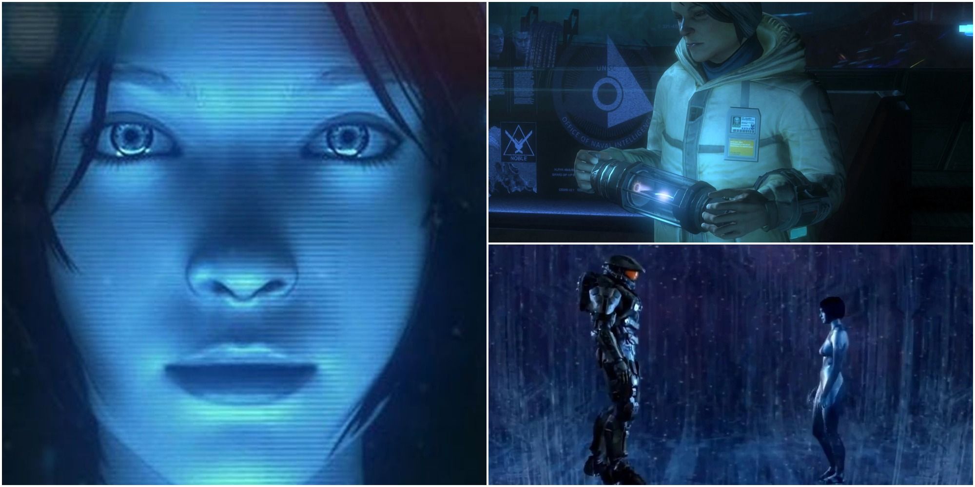 Halo: Cortana's Model In Profile, Dr Catherine Halsey And Cortana With Master Chief In Halo 4
