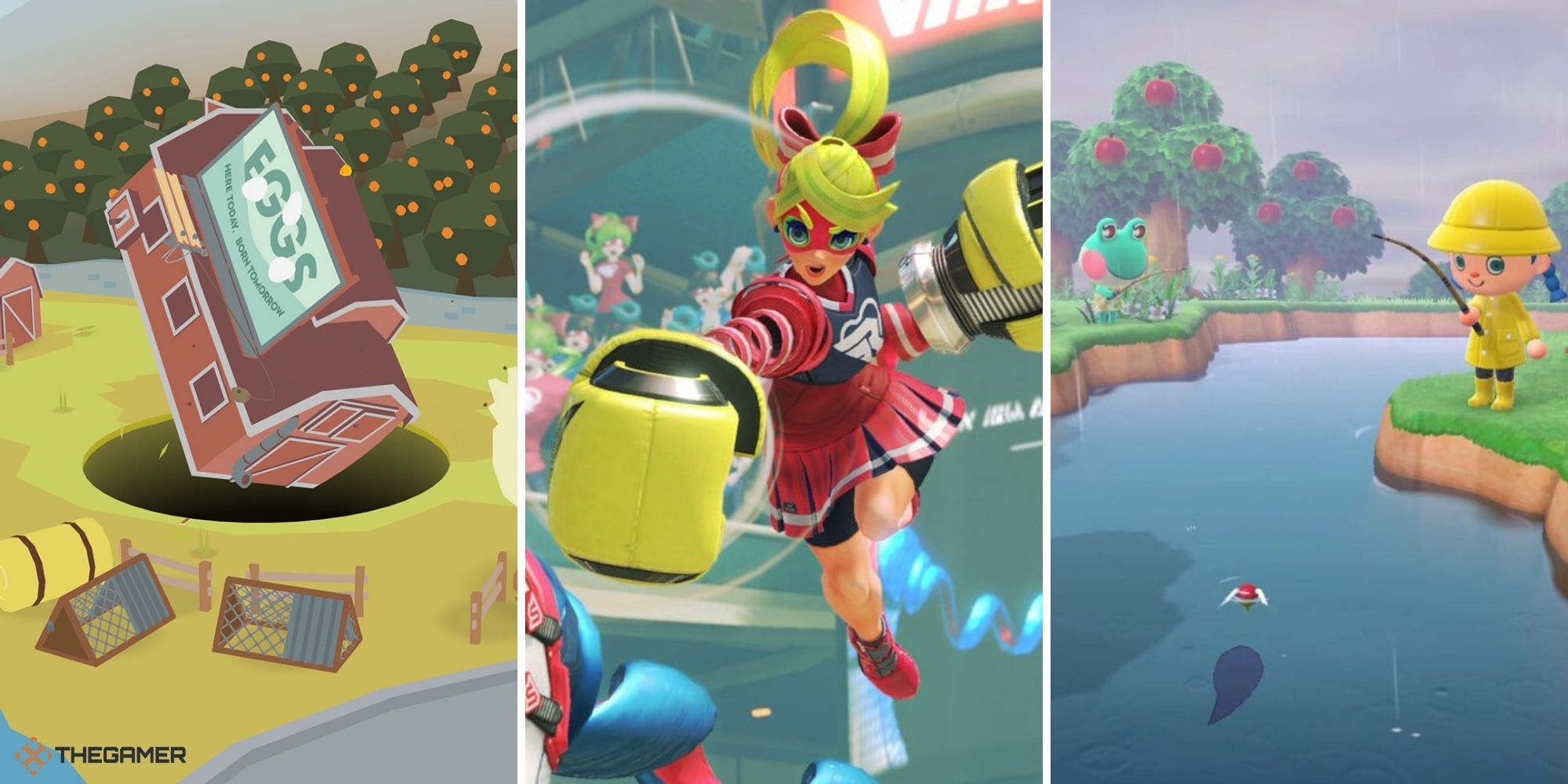 Promo action scenes from video games - (left to right) Donut Count, ARMS, Animal Crossing New Horizons