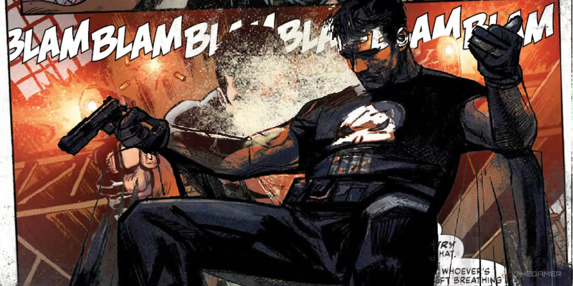 comic book frank castle in a bloody t-shirt, sat down with his arms raised and legs spread