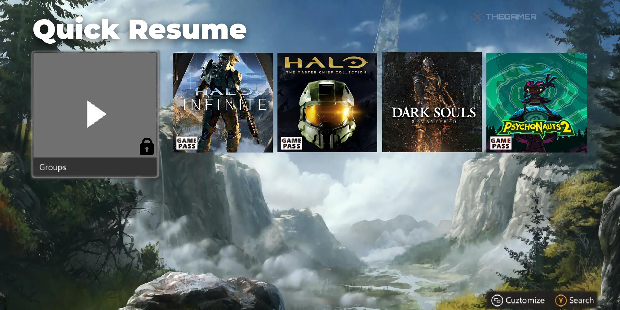 A quick resume screen with games like halo infinite, the master chief collection, dark souls, and psychonauts 2
